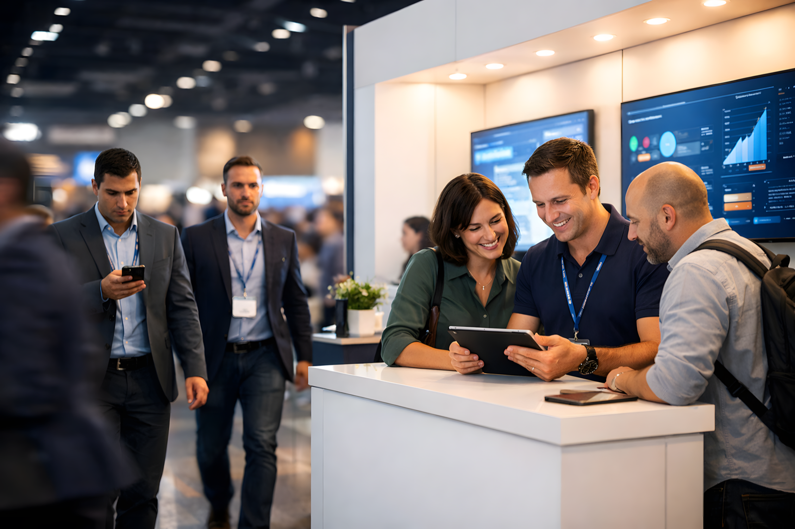 A busy and successful sponsor booth at a tech conference, serving as a hub for attendees.