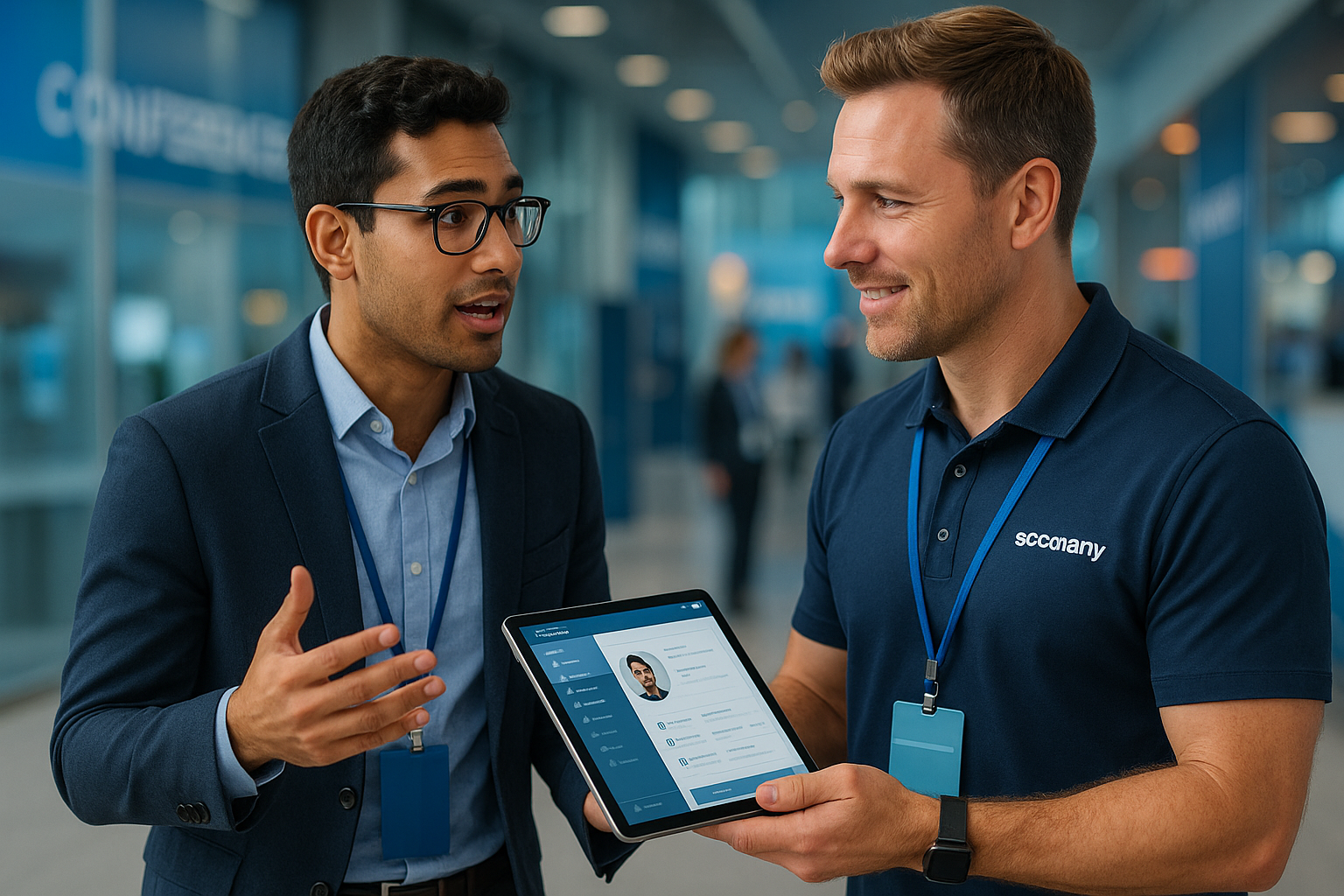 Happy sponsor having a qualified conversation at an event