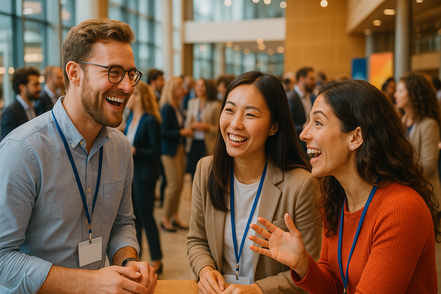 Happy event participants networking